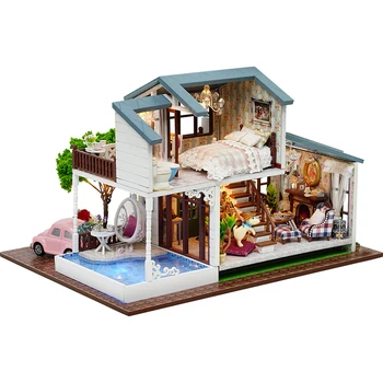 

Assemble DIY Doll House Toy Wooden Miniatura Doll Houses Miniature Dollhouse toys With Furniture LED Lights Birthday Gift A039