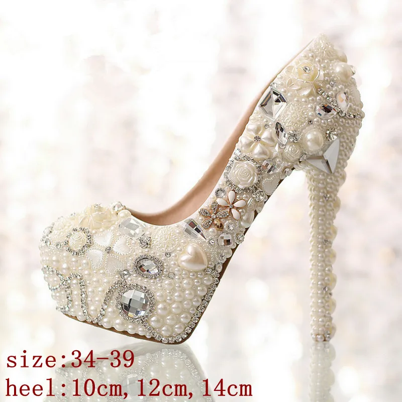 Pearl Wedding Shoes Women Rhinestone Cheap Bridal Shoes White