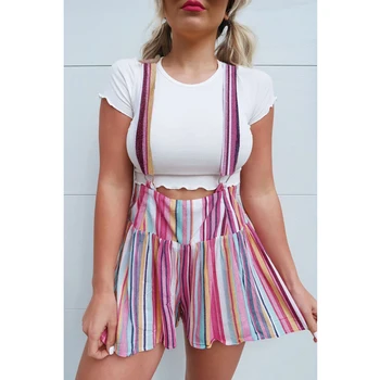 

Fashion Casual Women Rainbow Stripe Shorts Spaghetti Strap Women's Summer strappy Overall Shorts feminino ropa mujer