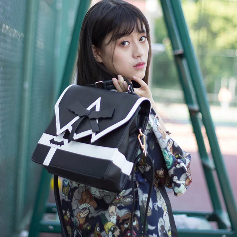 

Japanese girl college bow JK uniforms backpack Punk Darkness Gothic Five Star Women Girl Black PU backpack 3way lolita bag