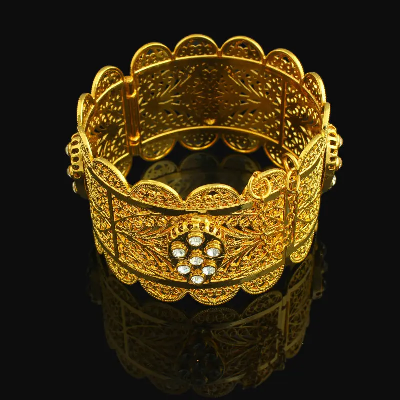 Dubai Wide Rhinestone Bangle&Bracelet for Women 24K Gold Color Crystal