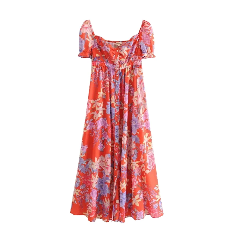 

ZXQB Vintage Chic Floral Print Buttons Long Dress Elegant Women Square Collar Short Sleeve Pleated Dresses Casual Vestidos Mujer