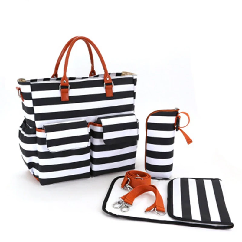 4 PcsSet Baby Diaper Bag Canvas Stripe Large Capacity Mummy Nappy Bags Fashion Mother Handbag Stroller Hook Shoulder Bag BB6006 (2)