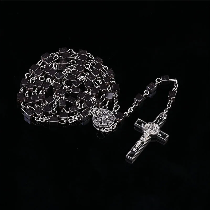 

New charm 4mm hematite rosary cross necklace. Jesus cross black gallstone necklace, the Virgin Mary center can choose