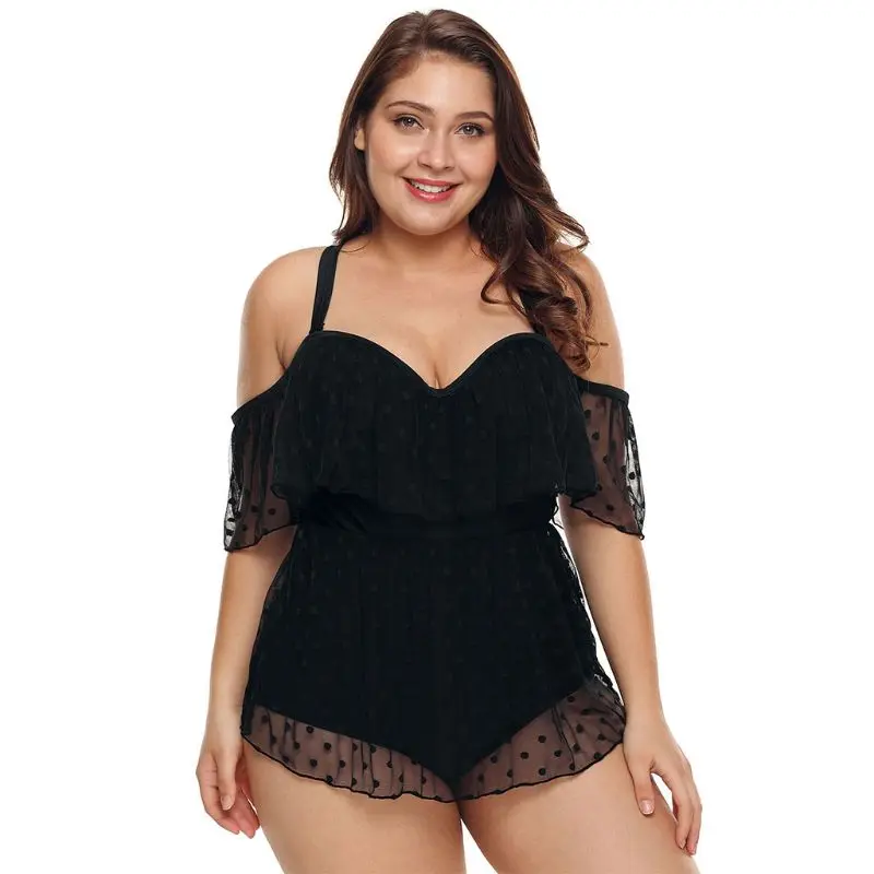 

Womens Plus Size One Piece Bikini Deep V-Neck Off The Shoulder Ruffles Monokini Polka Dot Mesh Criss Cross Backless Swimsuit