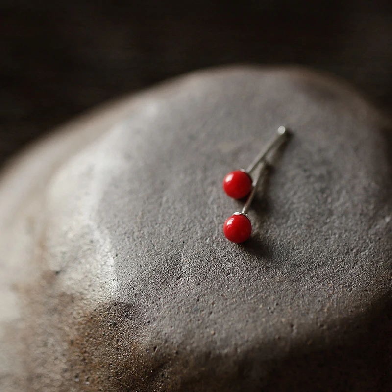 

2 colors original manual 925 Silver cute Antique Red Black Onyx Beads simple temperament Earrings Natural semi-precious stones