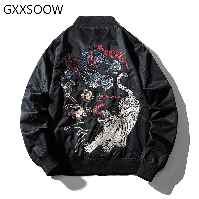 

Chinese Dragon Tiger Embroidery Bomber Jacket Men Hip Hop Windbreakers Baseball Jacket 2019 Mens Autumn Streetwear Coat GM203