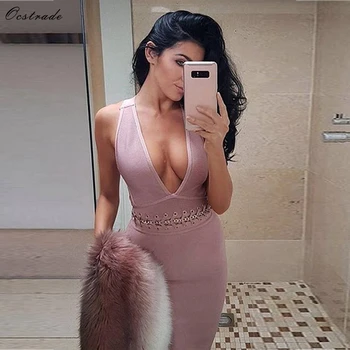 

Ocstrade Nude V Neck Sleeveless Knee Length Metal Studded Waist Lace Up Heavy Bandage Dress H0128-Nude