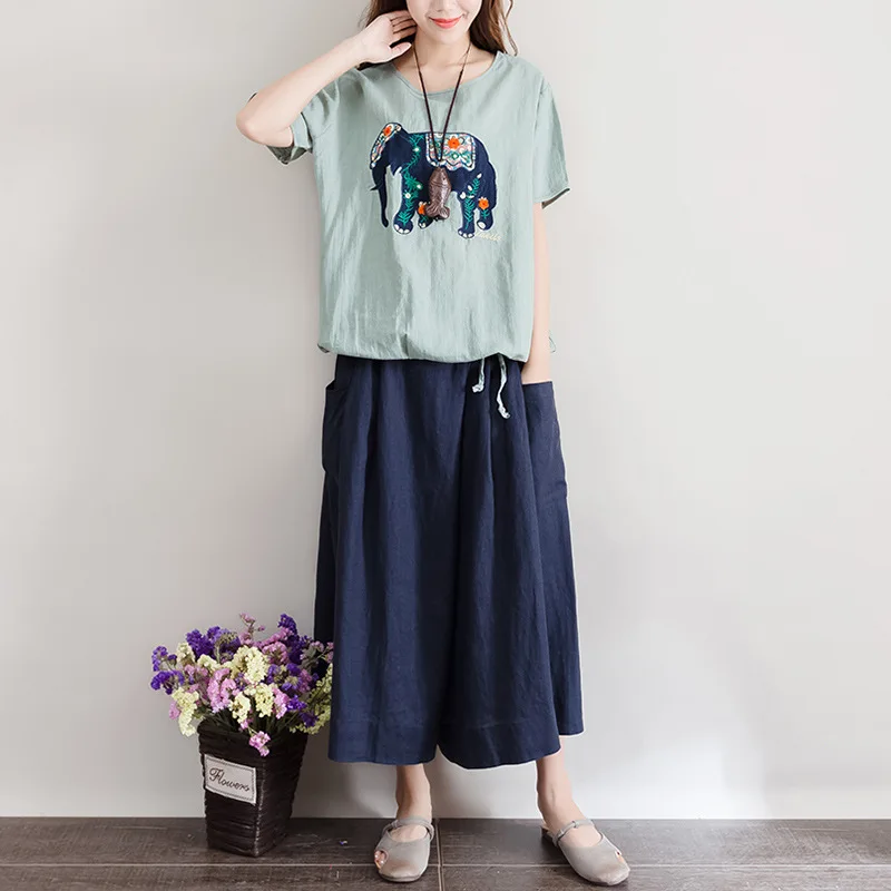 

Johnature 2019 Plus Size vintage loose women T-Shirts Simple Tie Embroidery Cartoon Elephant Comfortable Women Tops