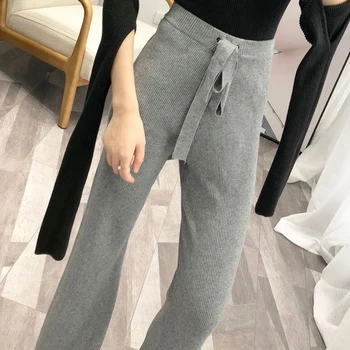 

women's trousers sweater pants high waist casual solid color belt decorative knit wide leg pants