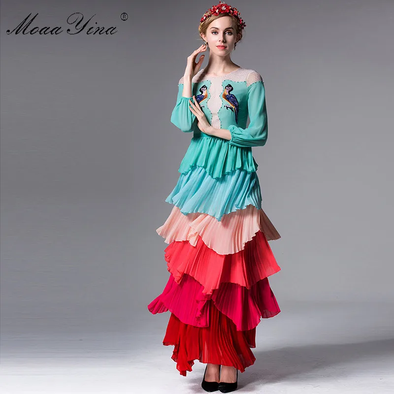 

MoaaYina Spring Women 3/4 Sleeves Beading Little bird Embroidery Colorful Cascading Ruffle Elegant Dresses Fashion Cake dress