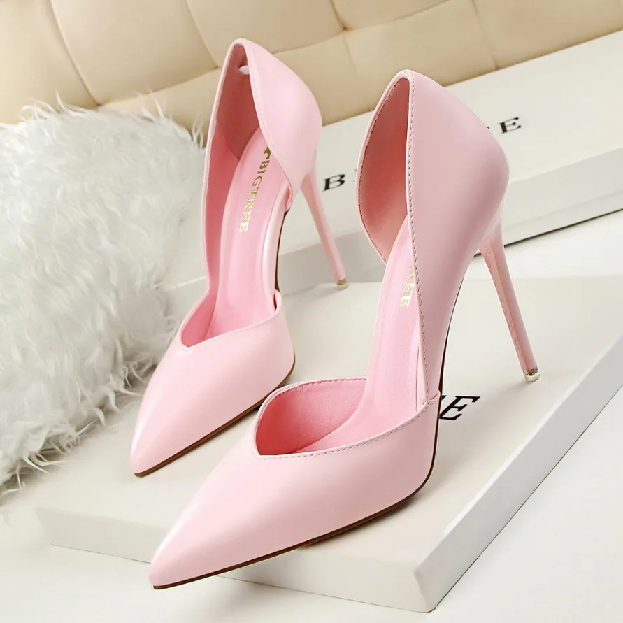 

2018 Spring Autumn Women Shoes Pointed Toe Pumps Dress Shoes 10.5CM thin High Heels Boat Shoes Sexy Hollow PU Wedding Shoes