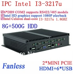 8G RAM 500G HDD INtel i3 Fanless industrial computers Gigabit Ethernet 6*USB 6*COM WIN7 WIN8 LINUX NAS free drive 7 24 hours