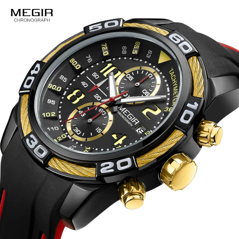 Günstige Megir männer Sport Chronograph Quarz Handgelenk Uhren Wasserdicht Silikon Armee Racing Leucht Uhr Relojios Masculinos 2045 1N3