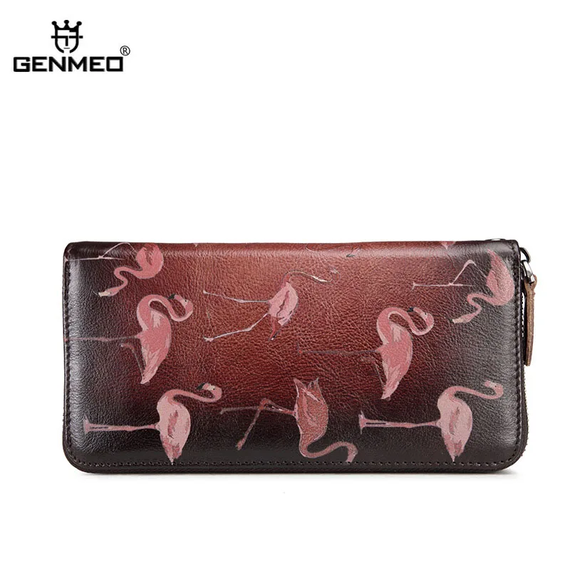 

GENMEO New Genuine Leather 3D Flamingo Bird Wallet Women Cowhide Clutch Bag Vintage Red Female Coin Purse Bolsa Feminina