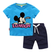 Одежда для мальчиков, летний комплект одежды с Микки Маусом для маленьких мальчиков и девочек, хлопковая детская одежда, костюмы, детская одежда для младенцев