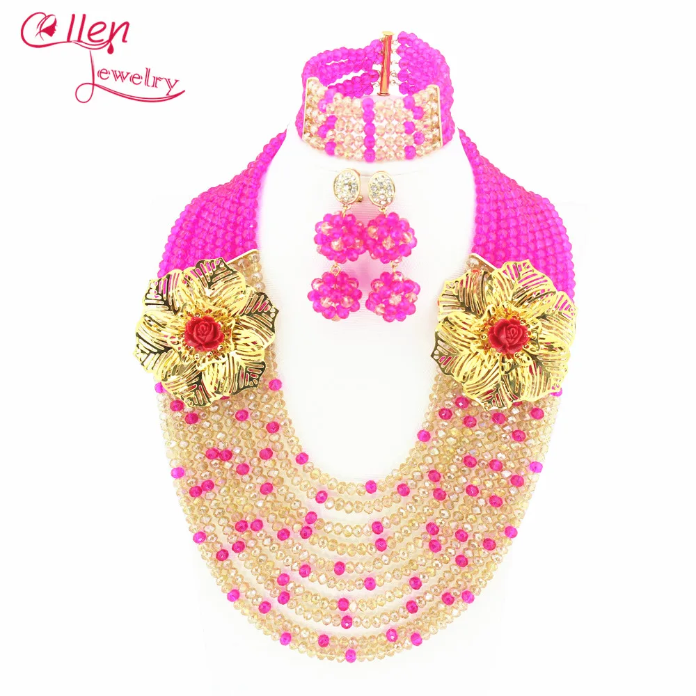 

Nigerian African indian Wedding bridal Beads Jewelry Sets Crystal Beads African statement necklace women Free Shipping W6011