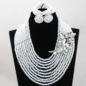 

Opaque White Nigerian Wedding African Beads Jewelry Set 10 Layers Crystal Beads Jewelry Sets Wholesale Free Shipping HX556