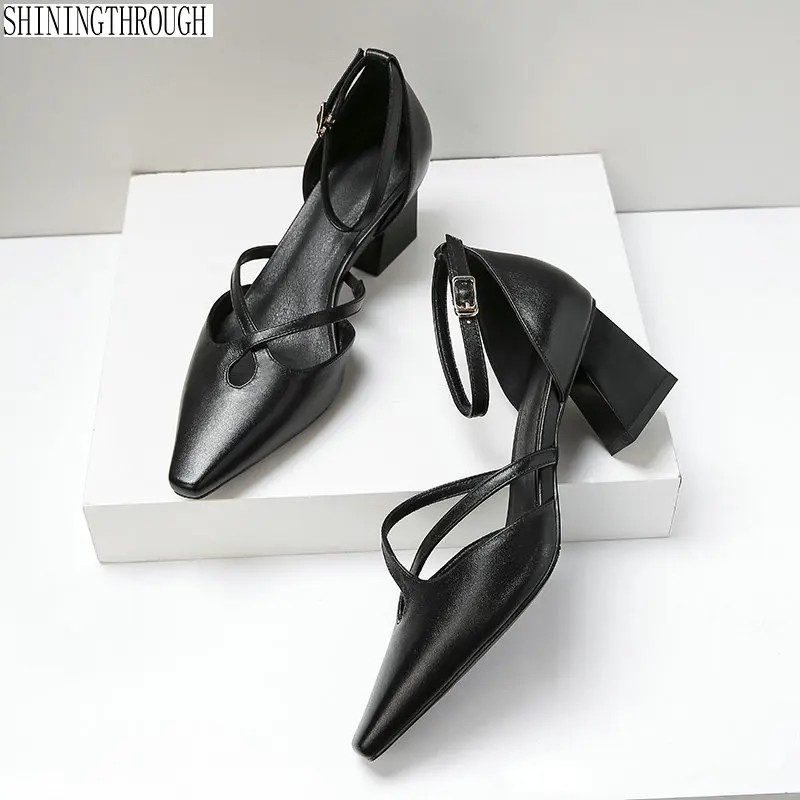 

2019 red Black Genuine Leather Office Dress Party Shoes Block High Heels Ladies Summer buckle Women Pumps Plus Size 42 43