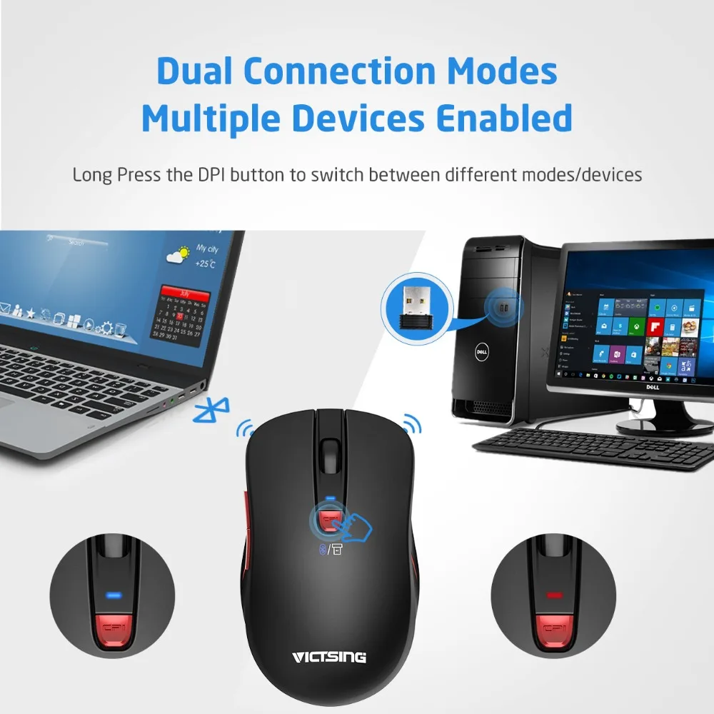 VicTsing Bluetooth Mouse Wireless Dual Mouse Portable Ergonomic Bluetooth 2.4G Cordless Mouse up 2400 DPI for Laptop PC Windows (3)