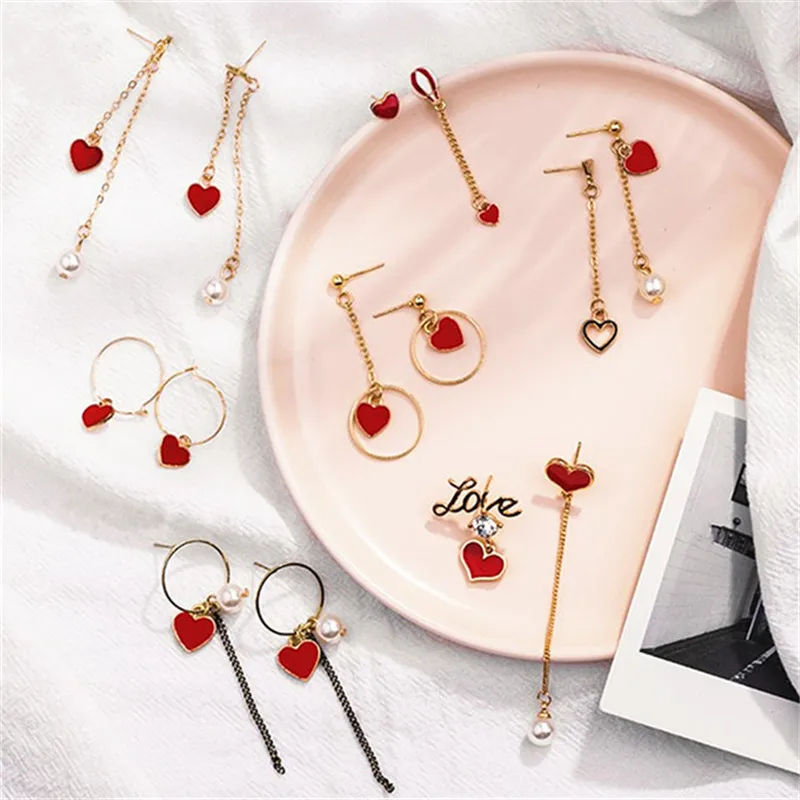

New Korean Red Love Heart Earrings For Girl Circle Simulated Pearl Tassel Earrings Asymmetric Earings Jewelry Christmas Gifts