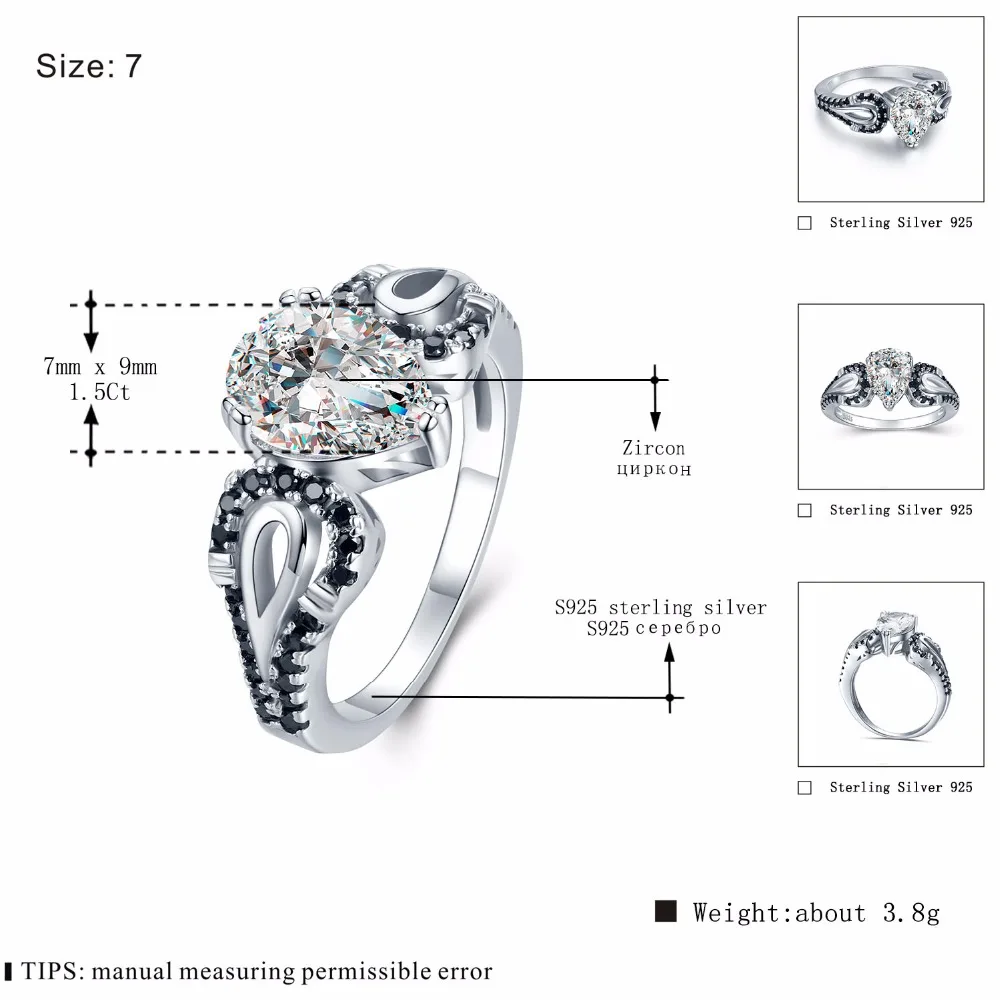 [Черный ость] Обручение кольца для женский, черный камень 925 пробы Серебряные ювелирные изделия капли воды Циркон Свадьба Bague C406