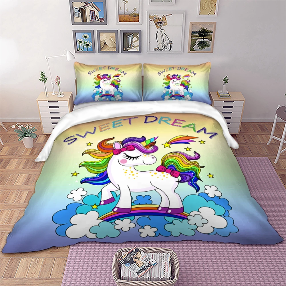 Rainbow Unicorn Bedding Set Cartoon Single Bed Duvet Cover Sweet