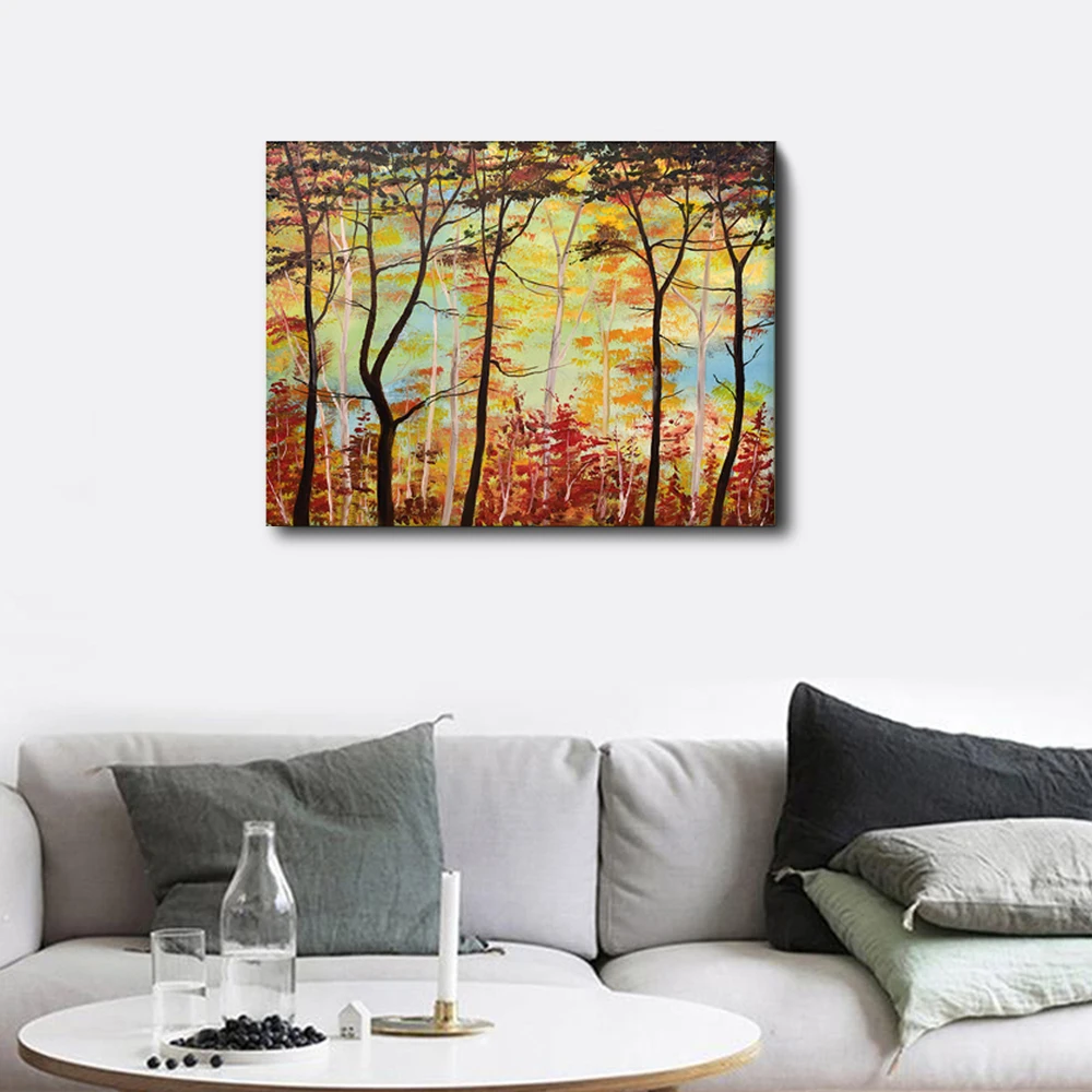 

Laeacco Canvas Calligraphy Painting Natural Landscape Autumn Scenic Tree Forest Modern Home Decor Living Room Bedroom Decoration