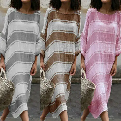 

UK Women Cotton Linen Maxi Dress Long Sleeve Casual Boho Kaftan Tunic Sundress