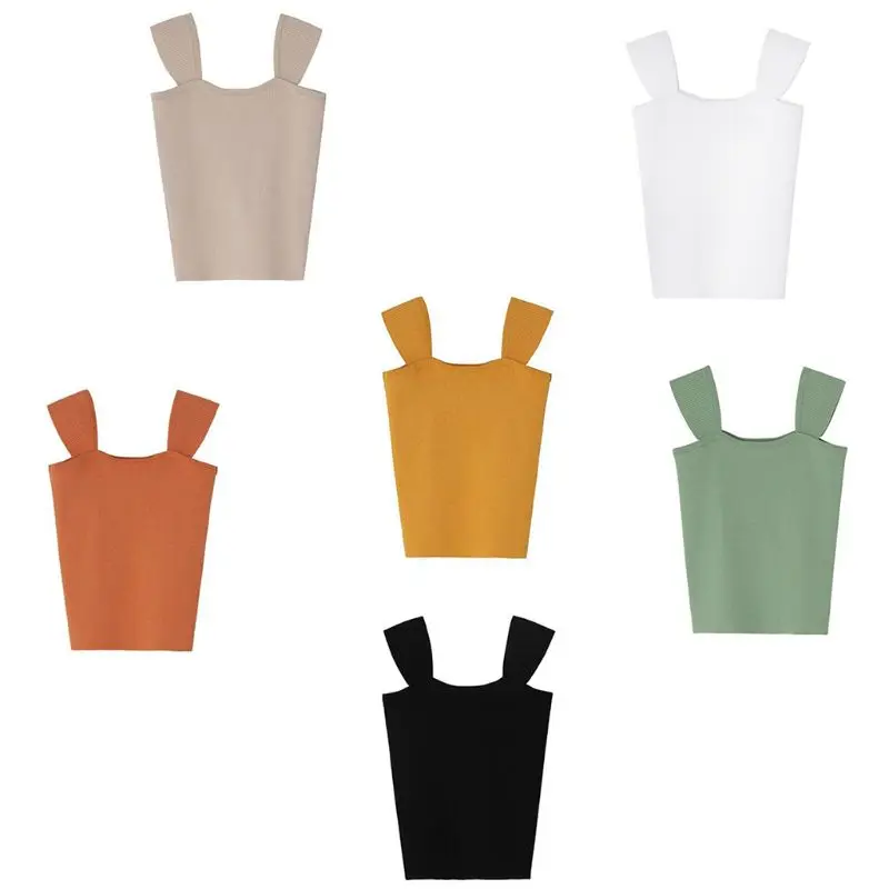 

Women Girls Summer Sleeveless Wide Straps Tank Top Solid Color Thread Ribbed Knitted Vest Korean Basic Underwear Slim Tee Shirt