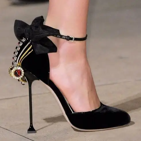 

2017 Runway Bowtie High Heel Shoes Round Toe Crystal Embellished Stiletto Heels Pumps Ankle Strap Wedding Heel Shoes