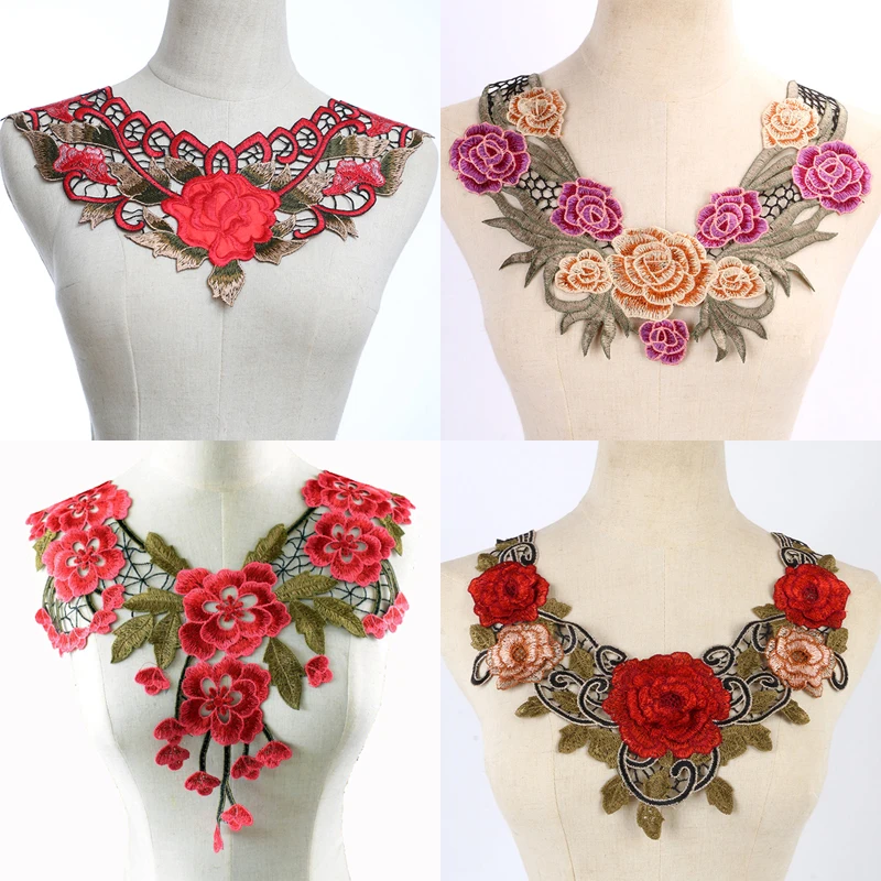 

Colorful Embroidered Fabric Rose Flower Venise Lace Sewing Applique Lace Collar Neckline Collar Applique Scrapbooking