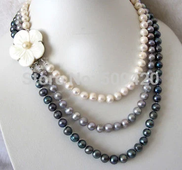 

Shipping 17-20" 8-9mm 3Row Freshwater Pearl Necklace white gray peacock (C0309)