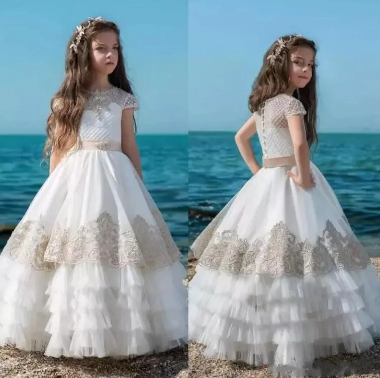 

2019 New Flower Girl Dresses For Weddings Ball Gown Champagne Appliques Kids Birthday Party Communion Dress Custom High Quality