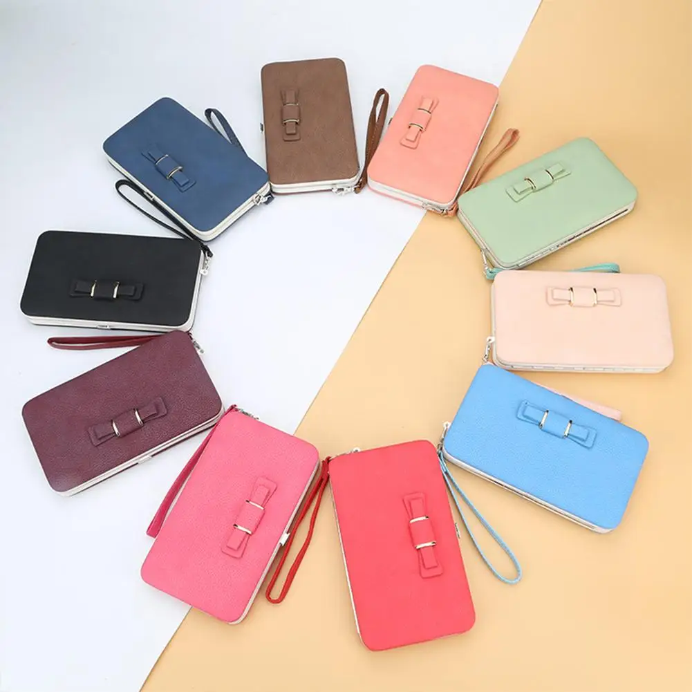 

Beallerry Famale's Long Wallet Fashion Bowknot 2 Folding Snap Button Card Holder Bag Mobile Phone Purse