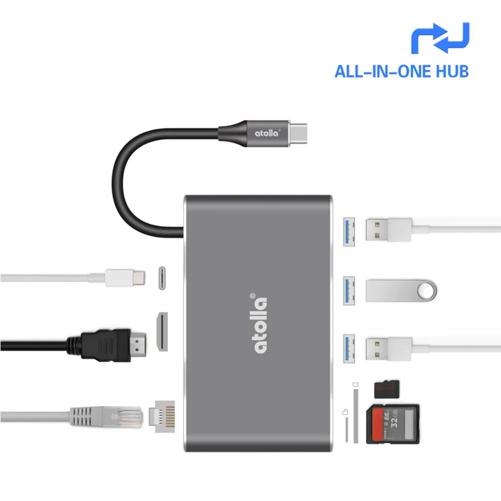 Atolla USB 3 1 концентратор 8 в C HDMI и Ethernet Алюминиевый адаптер 4K порт гигабитный SD/TF