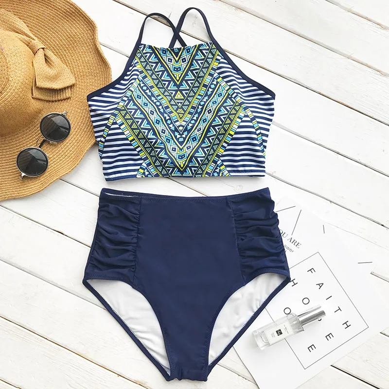 Cupshe Boho Print Tank Bikini Sets Women High Waisted Lace Up