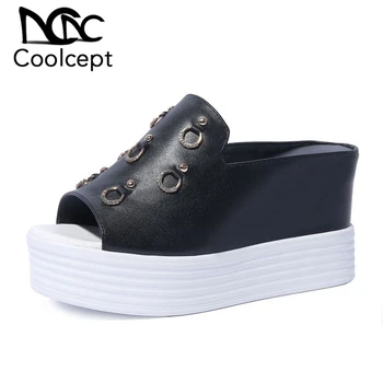 

CoolCept Genuine Leather Slippers Women Sandals Bling Crystal Thick Bottom Wedges Shoes Daily Outdoor Sandals Size 33-40