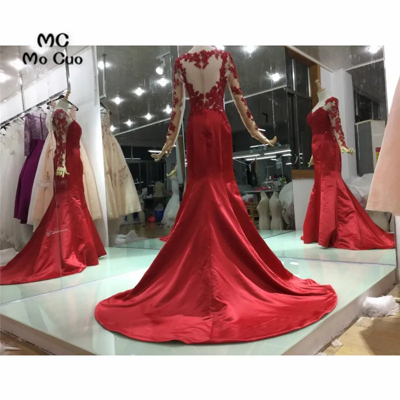 Иллюзия с длинным рукавом платье для выпускного вечера Русалка vestido de festa Аппликации Кружева посмотрите на дешевое сзади женские длинные вечерние платья для выпускного вечера es