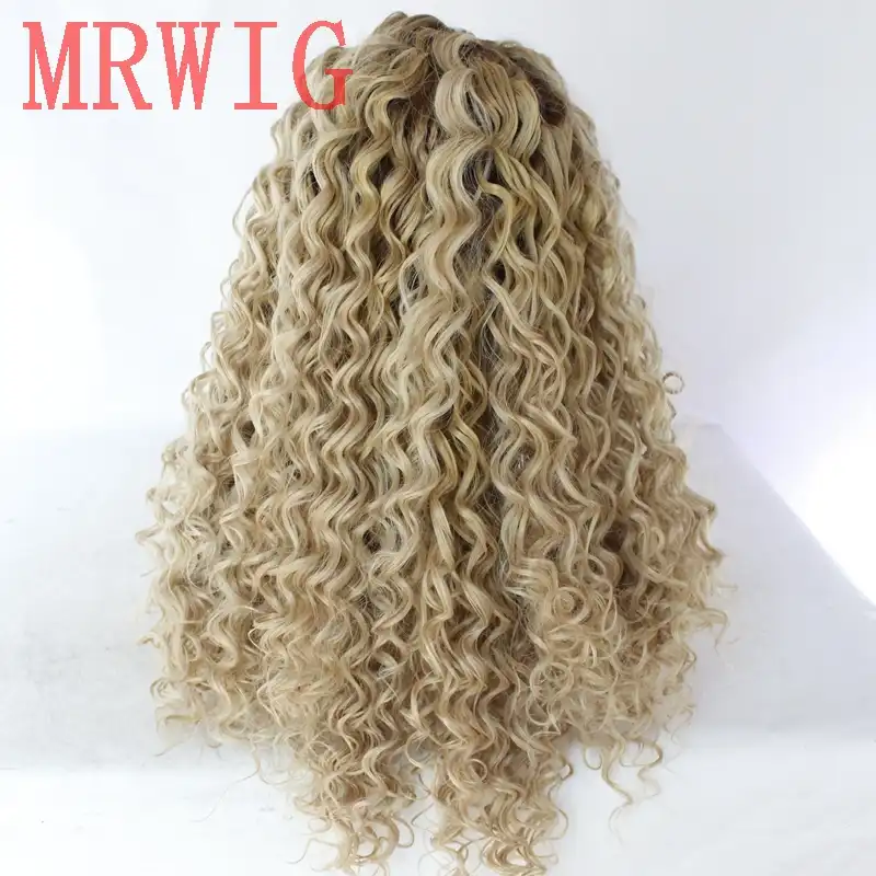 Mrwig Kinky Curly Short Dark Roots Brown Ombre 613 Mixed Blonde 27 Glueless Synthetic Lace Front Wig