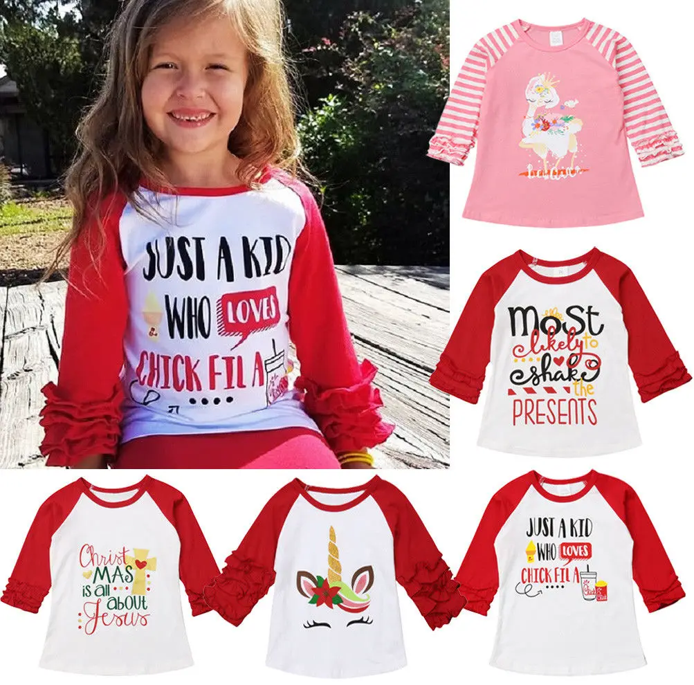 

Christmas Toddler Baby Girls Lovely Casual Autumn T-Shirts Tops Cartoon Print Letter Pullover Ruffles Cotton Tops 6M-5Y
