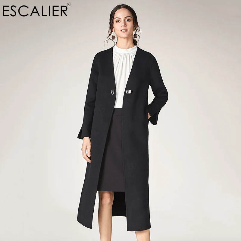 

ESCALIER Autumn/winter Women's Casual Wool Blend Coat 2018 New V-Neck Long style Open Stitch Outerwear Coats 100% Wool