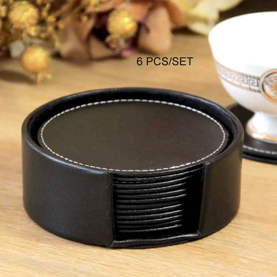 Buy 6PCS/set 10cm round leather coffee tea cup coaster