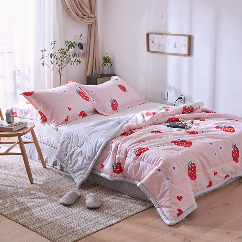 

Sweet Strawberry Printed Bed Linens Cotton Comforter Sets Quilt Pillowcase 2/3 PC Twin Full Queen Size Kids Girls Bedding Sets