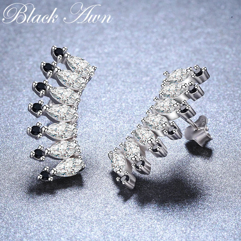 

Birthday Present 925 Sterling Silver Jewelry Engagement Crown shape Stud Earrings for Women Black Spinel Female Earring I015
