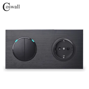 

Coswall Black Aluminum Metal Panel EU Wall Socket + 2 Gang 2 Way On / Off Pass Through Stair Light Switch Switched LED Indicator