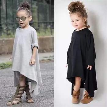 

NEW Summer Baby Dress Black And Swing Max Batwing Full Dress Loose Asymmetric Long Sleeves Solid Dress For Kids