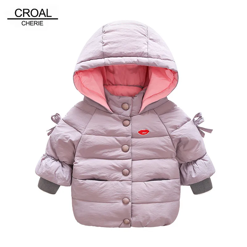 

CROAL CHERIE 110-150cm Girls Winter Down Coat Hooded Jacket With Bowknot Sleeve Fashion Lips Windproof Kids Parkas Clothing