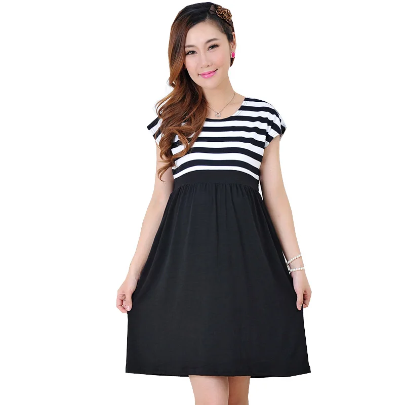 

New Women Long Maternity Dresses for Pregnant Women Loose Clothing Maternity Fashion Stripe Home Cotton Mother Clothes Navy Blue