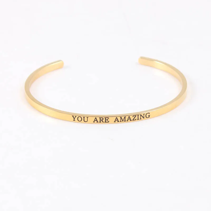 

"YOU ARE AMAZING" 316L Stainless Steel Engraved Positive Inspirational Quote Cuff bracelet Women's Jewelry Gold Mantra Bangle